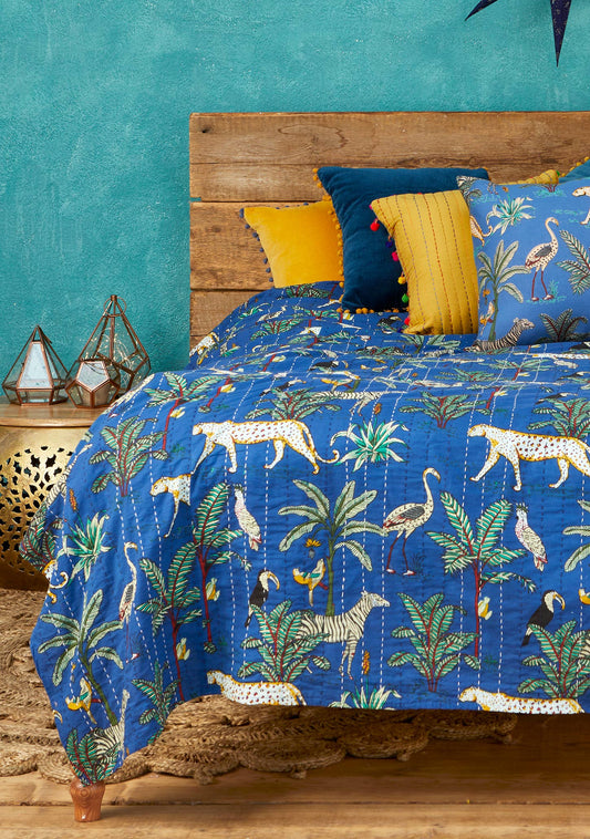 Jungle Print Kantha Bed Throw, Blue