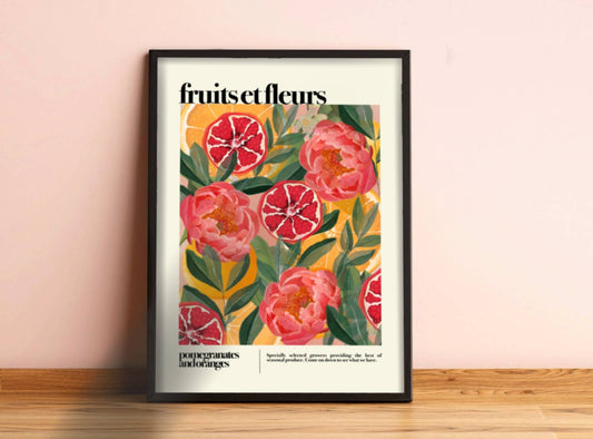 Fruit and Flowers, Botanical Print, Bright Colourful,